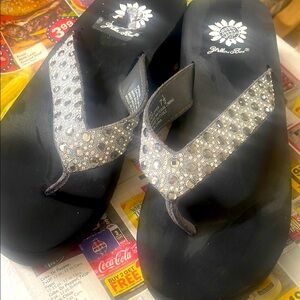 Yellow Box Black and Silver Rhinestone Sandals